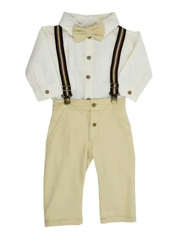 Conjunto Longo com Suspensório Harper Creme 12m - Grow Up