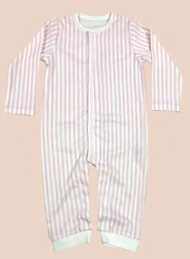 Macacão Broche Escondido Listra Vertical Rosa- 100% Algodão Pima Peruano