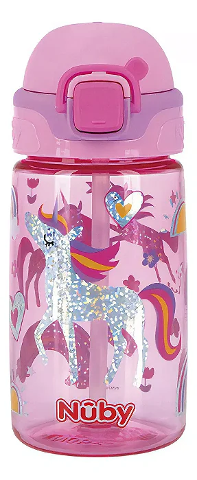 Garrafinha Gliter com Botão Abre e Fecha 415ml Rosa - Nuby
