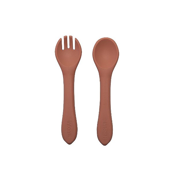 Kit Garfo E Colher Silicone Infanti Terracota