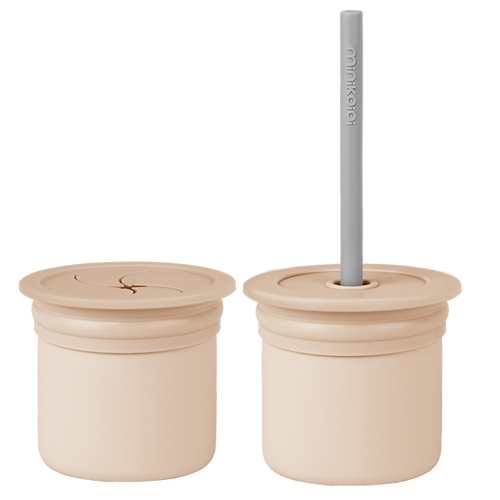 Conjunto Copo com Tampas e Canudo Bege e Cinza - Minikoioi