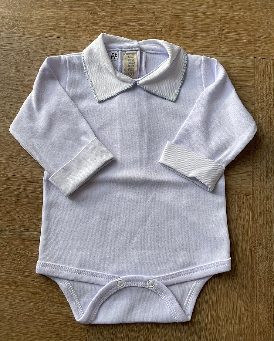 Body Branco Gola Bordada Azul bebê