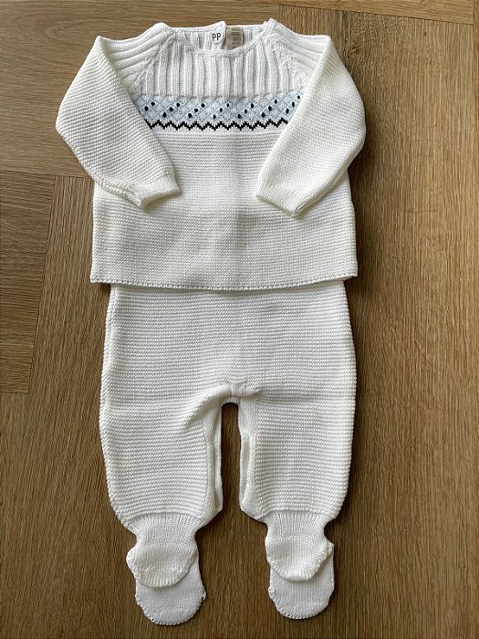 Conjunto Tricô Branco Bordado Azul Marinho E Azul Bebe