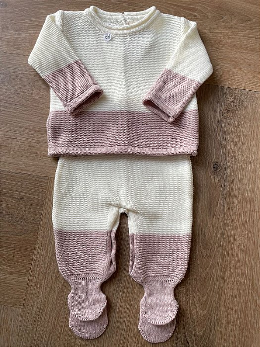 Conjunto Tricô Creme e Rosa