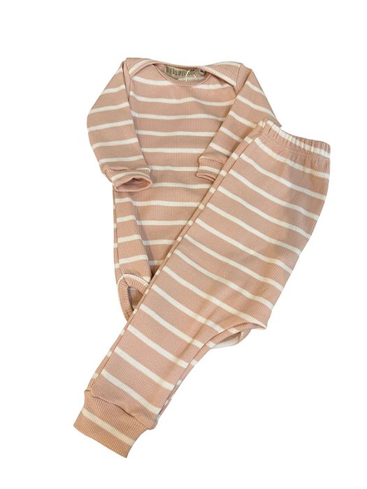 Conjunto Canelado Body E Calça Rosa E Branco