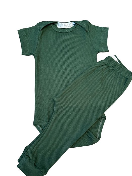 Conjunto Canelado Manga Curta Verde Militar