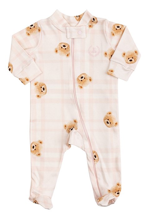 Macacão de Ziper Urso Xadrez Rosa