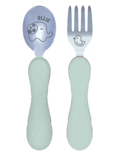 Jogo Anatômico Colher e Garfo em Silicone e Inox 2 pçs Elefante Ollie Verde Menta (com Case) Marcus & Marcus