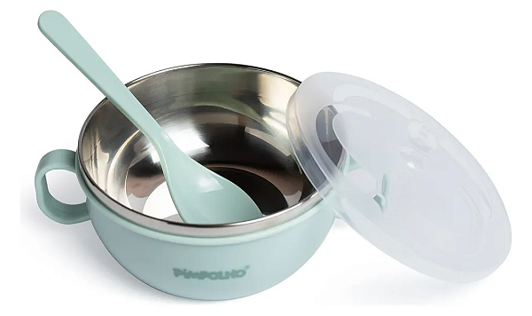 Tigela Com Colher E Tampa Em Inox Verde 300ml - Pimpolho