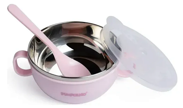 Tigela Com Colher E Tampa Em Inox Rosa 300ml - Pimpolho