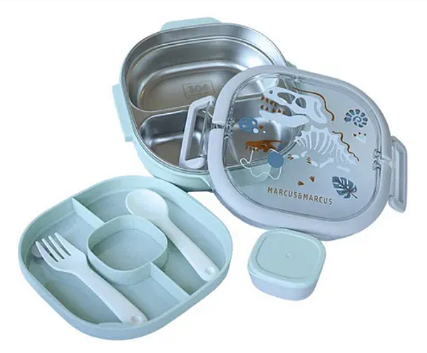Lancheira Bento Box com 6 divisórias e alça Dinossauro Azul