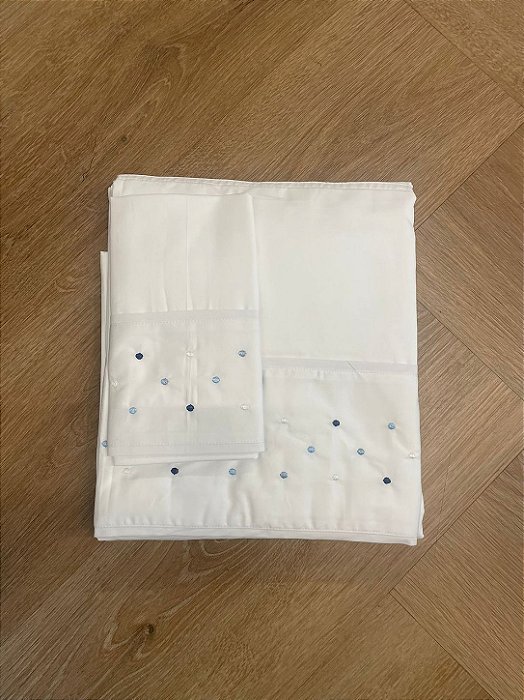 Jogo de Lençol Berço Bordado Bolinha Azul 300 fios