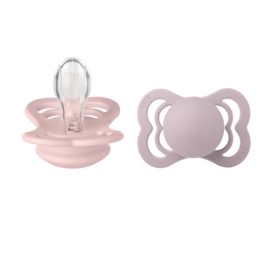 Kit com Duas Chupetas Supreme Silicone Rosa Bebê e Lilás Tam 1 Bibs