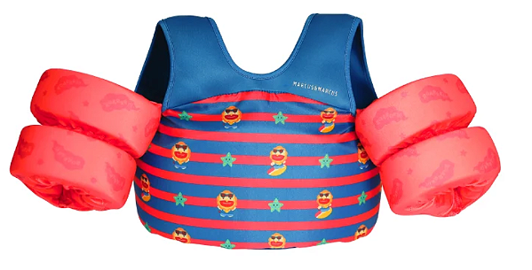 BOIA DE BRAÇO INFANTIL COM COLETE LEÃO MARCUS VERMELHO E AZUL ÚNICO