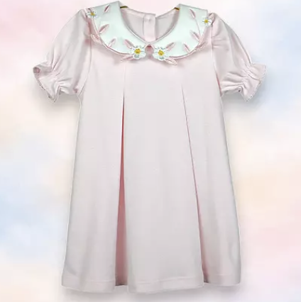Vestido de Algodão Pima Margarida Branca Folha Rosa