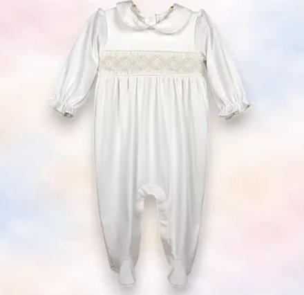 Macacão Algodão Pima Ponto Smock Zig Zag Off White Bordado Verde e Rosa