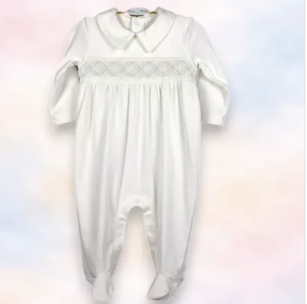 Macacão Algodão Pima Ponto Smock Zig Zag Off White Bordado Verde e Azul