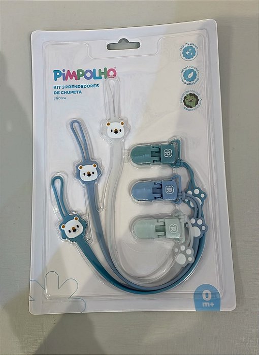 KIT 3 PRENDEDORES DE CHUPETA DE SILICONE AZUL - PIMPOLHO