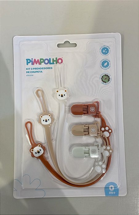 KIT 3 PRENDEDORES DE CHUPETA DE SILICONE BEGE- PIMPOLHO