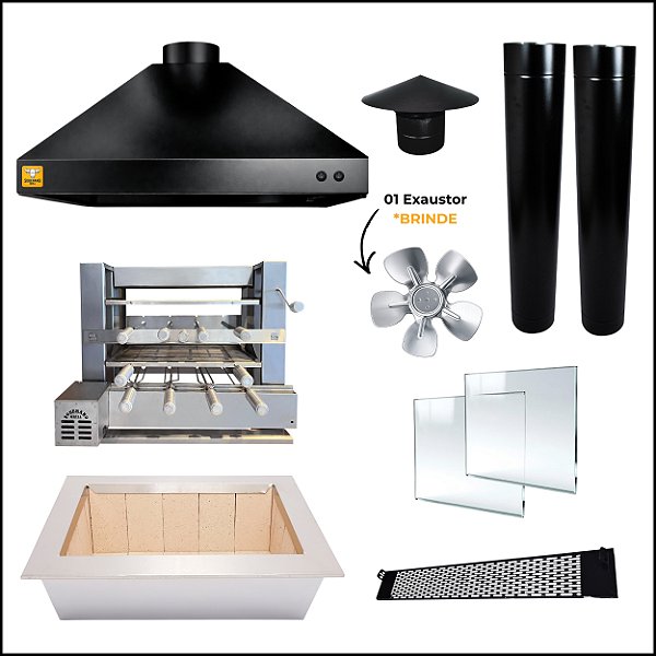 Kit Churrasqueira Gourmet Completa Mod. 3 Águas Preta com Grill Elevatório