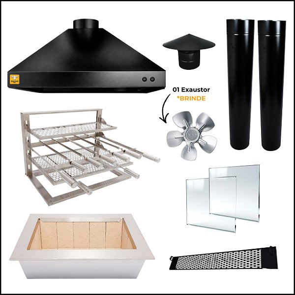 Kit Churrasqueira Gourmet Completa Mod. Três Águas Preta com Suporte L