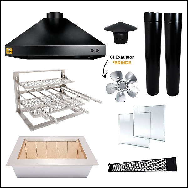 Kit Churrasqueira Gourmet Completa Mod. Três Águas Preta com Suporte L