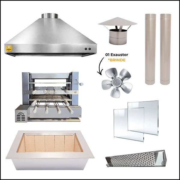 Kit Churrasqueira Gourmet Completa Mod. Três Águas Inox 304 com Suporte elevatório