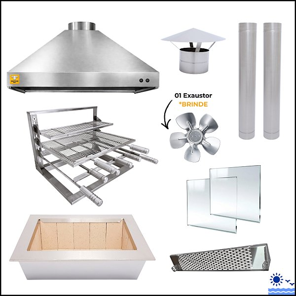 Kit Churrasqueira Gourmet Completa Mod. Três Águas Inox 304 com Suporte em L