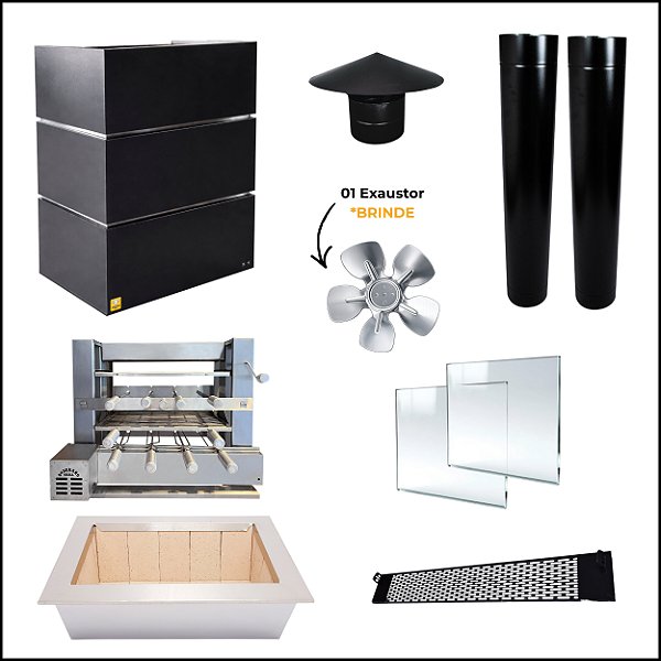 Kit Churrasqueira Gourmet Completa - Gomada Preta - Grill Elevatório