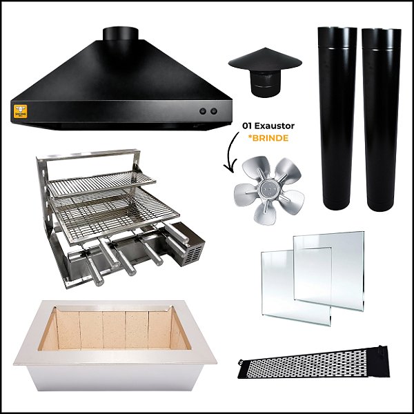 Kit Churrasqueira Gourmet Completa Mod. Três Águas Preta com Suporte L + Elétrico