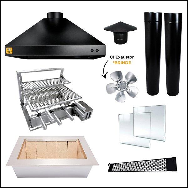 Kit Churrasqueira Gourmet Completa Mod. Três Águas Preta com Suporte L + Elétrico
