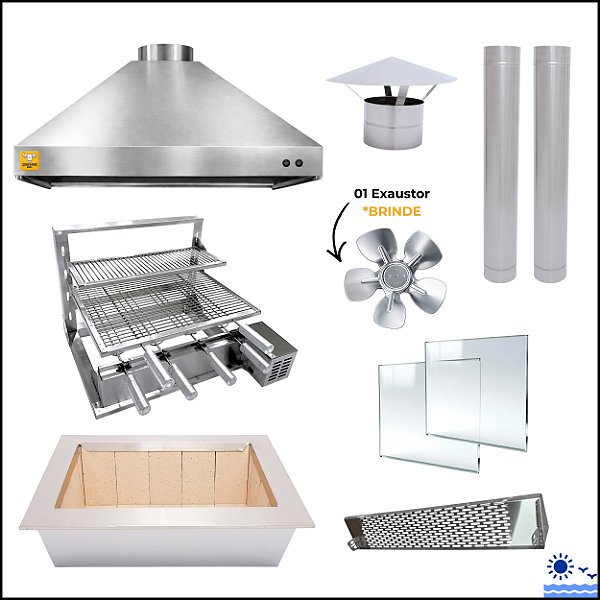 Kit Churrasqueira Gourmet Completa Mod. Três Águas Inox 304 com Suporte L + Elétrico