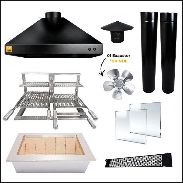 Kit Churrasqueira Gourmet Completa Mod. 3 Águas Preta com Suporte Triplo