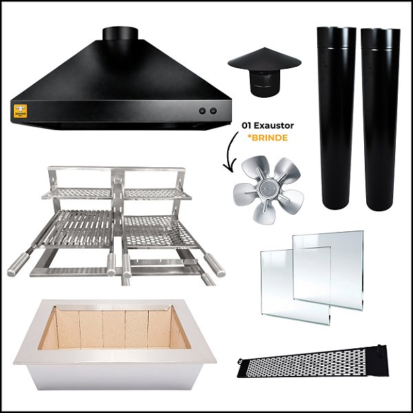 Kit Churrasqueira Gourmet Completa Mod. 3 Águas Preta com Suporte Triplo