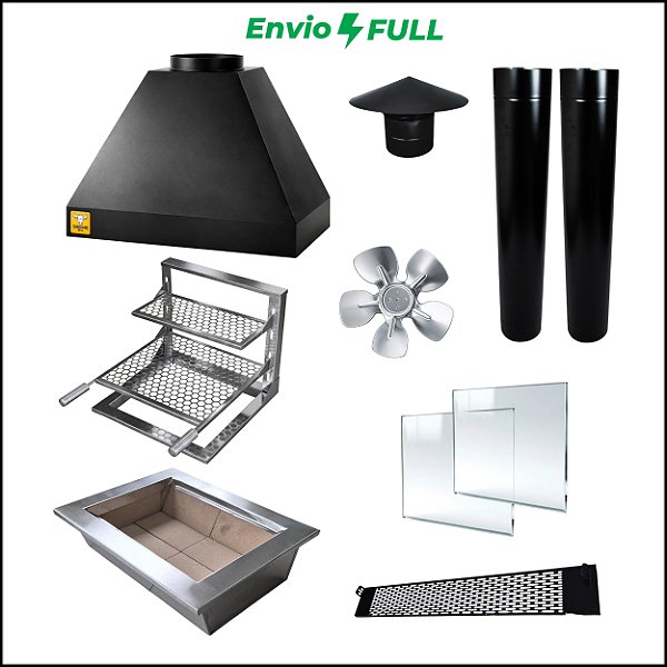 Kit Churrasqueira Gourmet 70cm Mod. Três Águas Preta com Suporte L