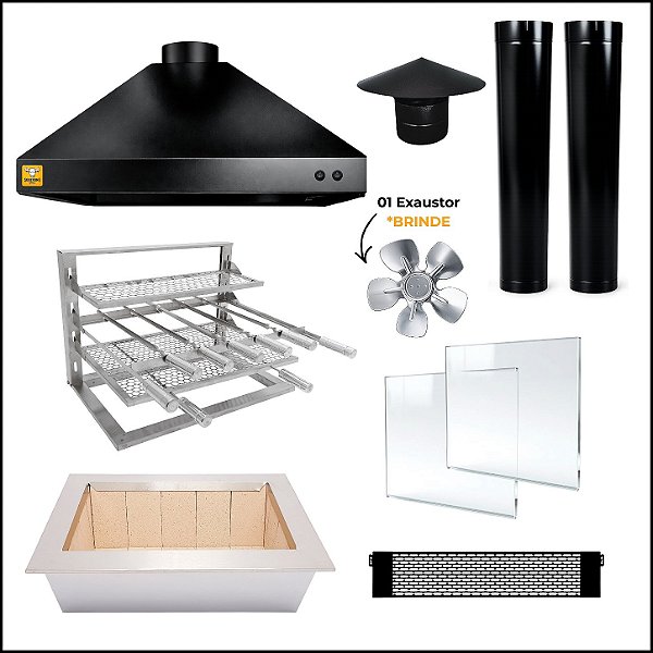 Kit Churrasqueira Gourmet Completa Preta 80cm com Suporte L