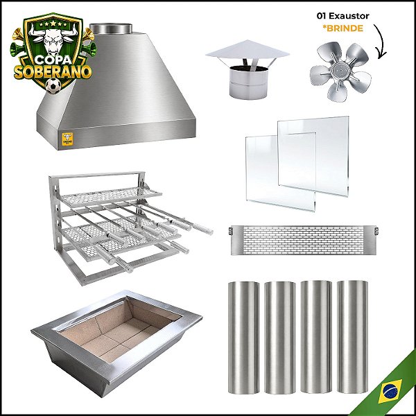 Copa - Kit Churrasqueira Gourmet 70cm Completa Mod. 3 Águas Inox com Suporte L