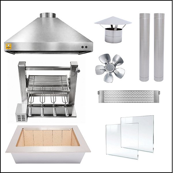 Kit Churrasqueira Gourmet completa Mod. 3 Águas Inox + Suporte Elevatório