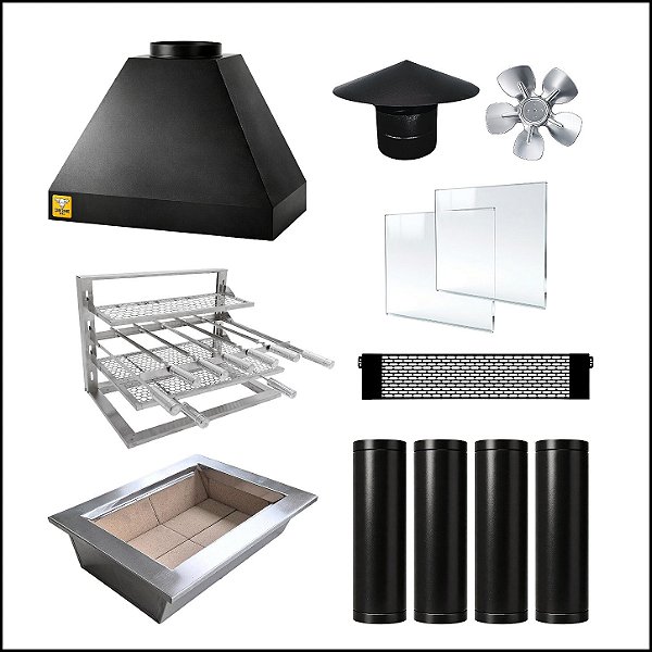 Kit Churrasqueira Gourmet 70cm Completa Mod. Três Águas Preta com Suporte L