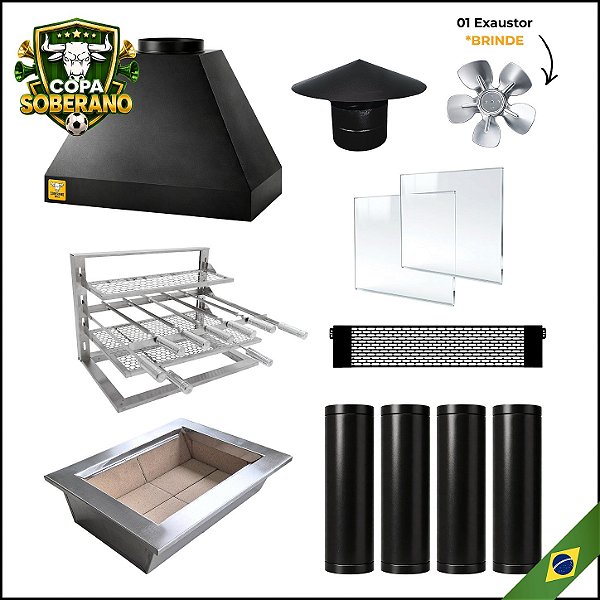 COPA - Kit Churrasqueira Gourmet 70cm Mod. Três Águas Preta com Suporte L