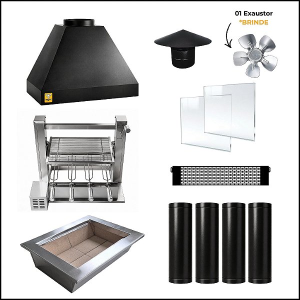 Kit Churrasqueira Gourmet 70cm Mod. Três Águas Preta com Suporte Elevatório