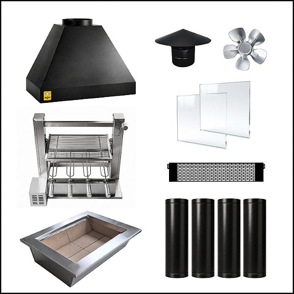 Kit Churrasqueira Gourmet 70cm Completa Mod. Três Águas Preta com Suporte Elevatório