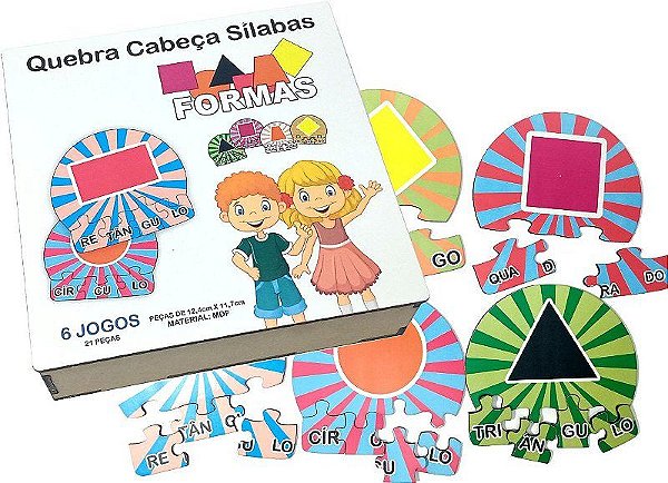6 Kits Quebra Cabeça Educativo Silabas Formas em Madeira - Mega Impress