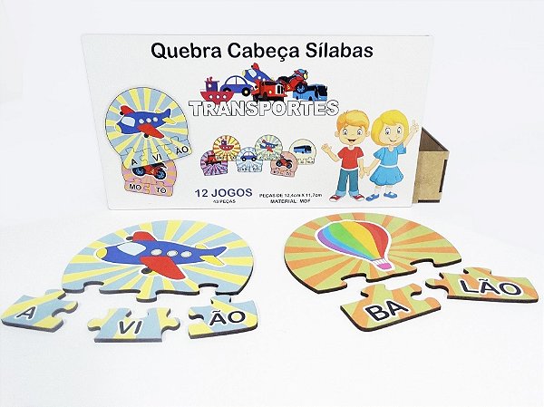 12 Kits Quebra Cabeça Educativo Silabas Transporte Madeira - Mega Impress