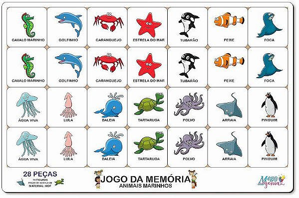 Brinquedo Educativo Tabuleiro Jogo Da Memória Animais Marinhos Mdf - Mega Impress