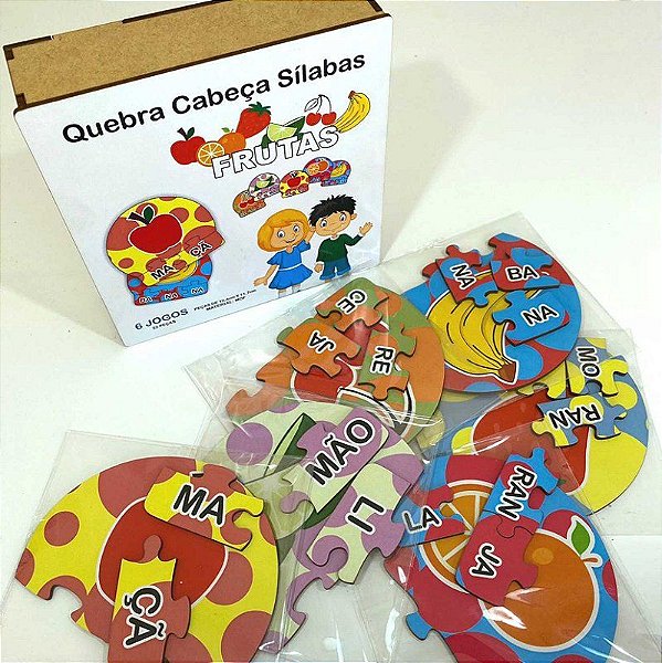 6 Kits Quebra Cabeça Educativo Sílabas Frutas em Madeira - Mega Impress