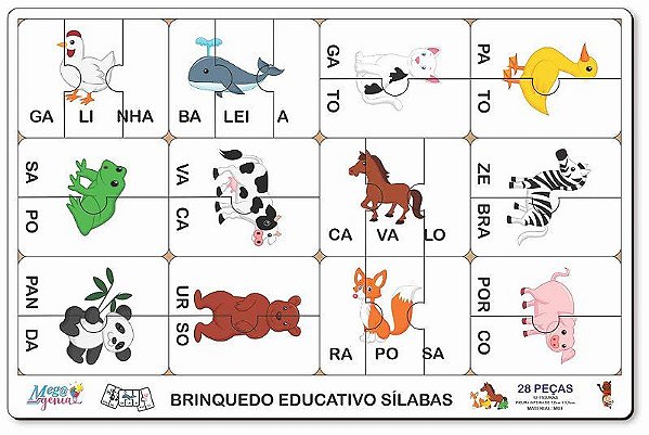 Brinquedo Educativo Tabuleiro Quebra Cabeça Silabas Animais Mdf - Mega Impress