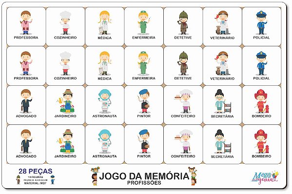 Brinquedo Educativo Tabuleiro Jogo Da Memória Profissões Mdf - Mega Impress  - MEGA IMPRESS - Papelaria, Copos Personalizados, Gráfica Rápida e Muiiito  mais