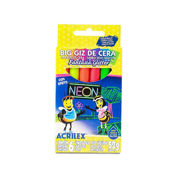 Gizao de Cera C/6 Cores Big Neon Glitter 9806 Acrilex