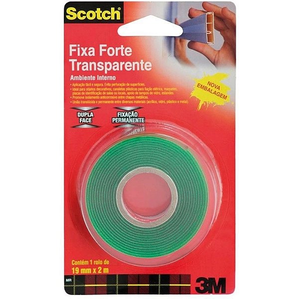 Fita Dupla Face Fixa Forte Transparente 19mm X 2m 3m